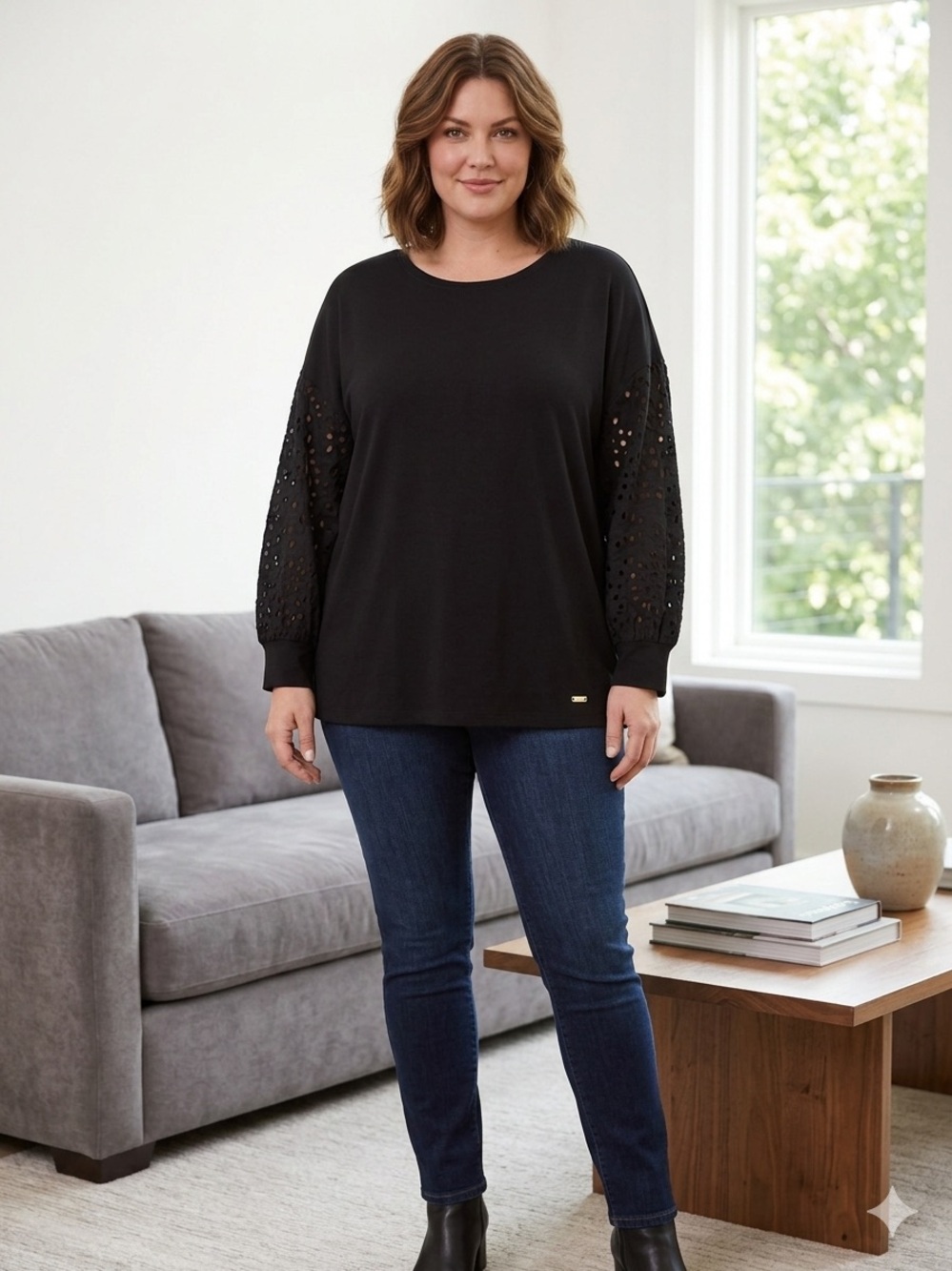 Jones New York Black Eyelet-Sleeve Knit Top New with Tags